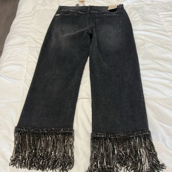 Alice & Olivia black boyfriend jeans new with tags Fringe  rhinestone size29 - Picture 9 of 12